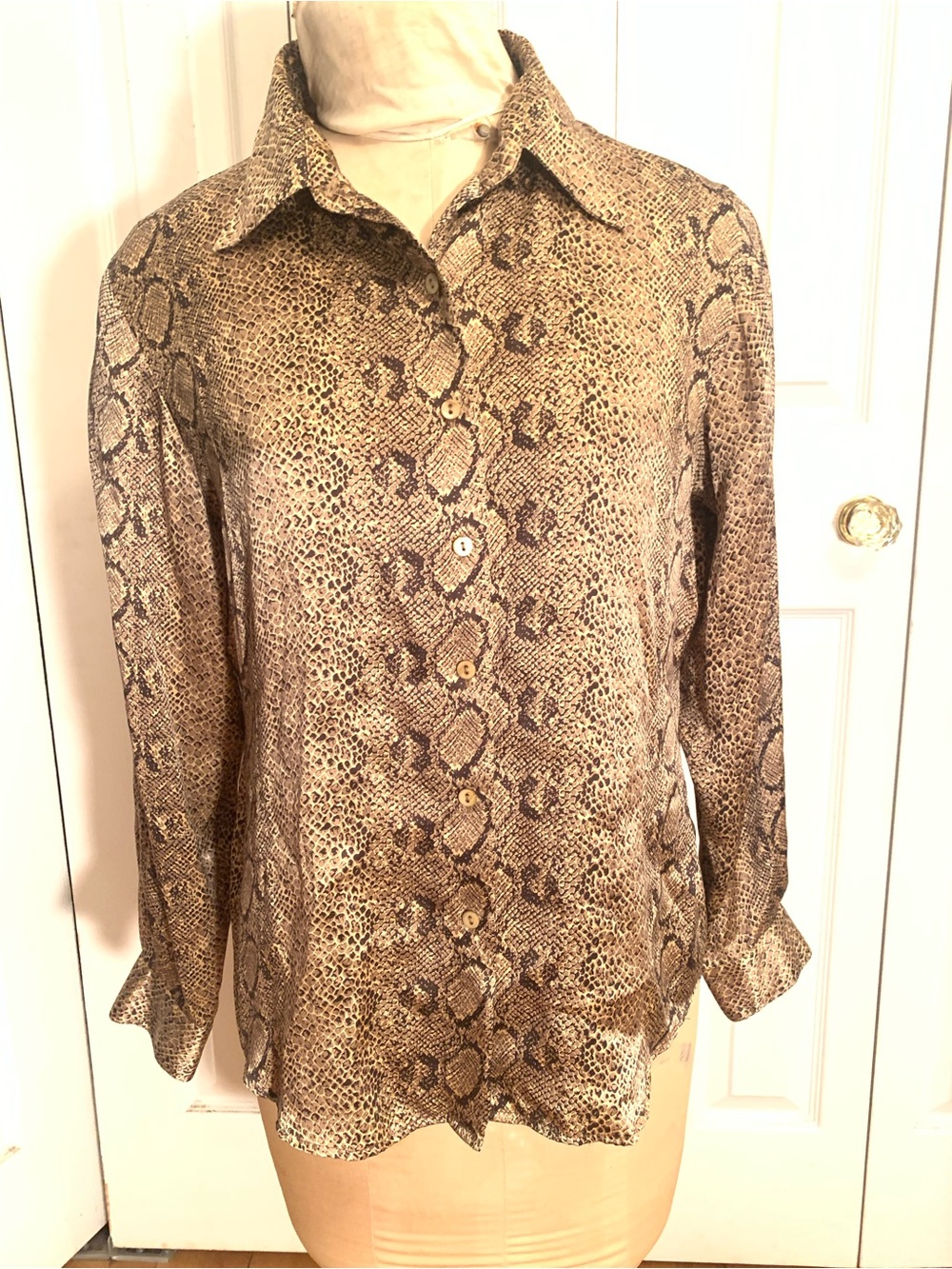 Karen Arnold Snake-Print Silk Beige Casual Button-Down Shirt Medium